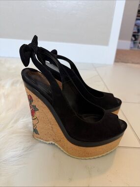Gucci Black Suede Peep-Toe Cork Wedge Sandals with Floral Cork Platform